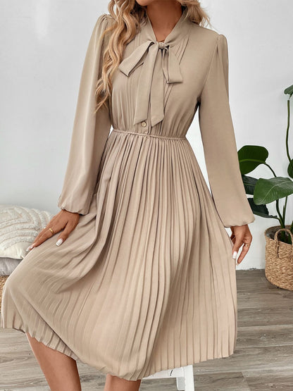 Pleated Tie Neck Long Sleeve Dress