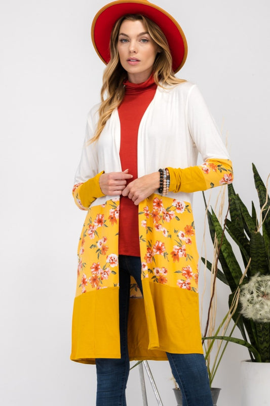 Floral Color Block Open Front Cardigan