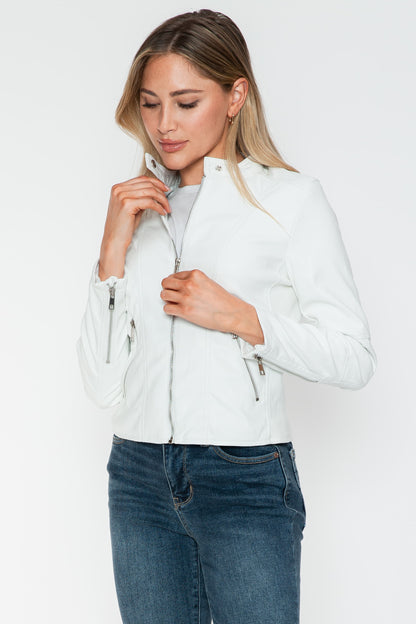 PU Leather Zip Up Jacket with Pockets