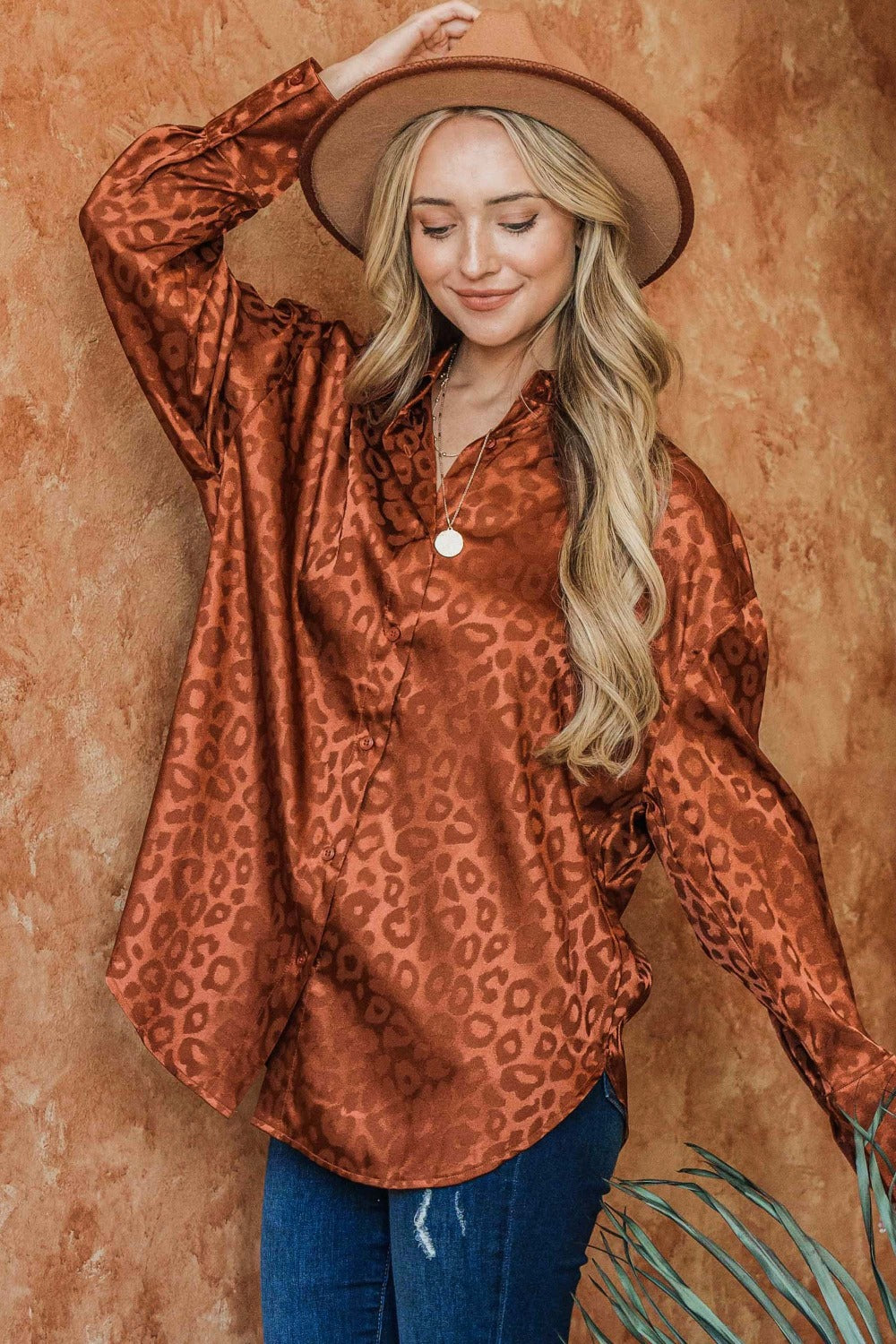 Satin Leopard Button Up Curved Hem Shirt