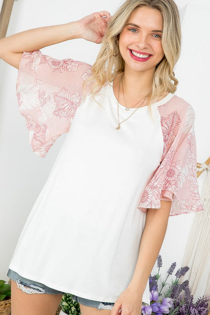 FLORAL CHIFFON MIXED BELL SLEEVE TOP