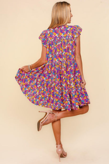 Frilled Mock Neck Ditsy Floral Dress