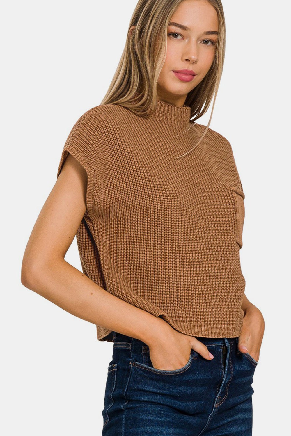 Mock Neck Short Sleeve Cropped Sweater