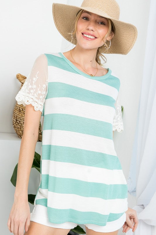 STRIPE EMBROIDERY LACE SLEEVE TOP