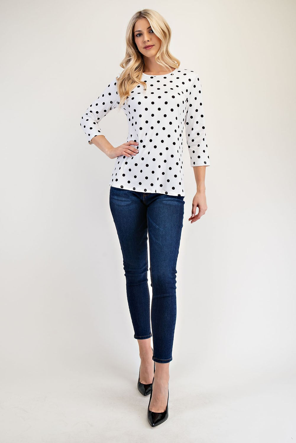 Celeste Polka Dot Round Neck Three-Quarter Sleeve T-Shirt