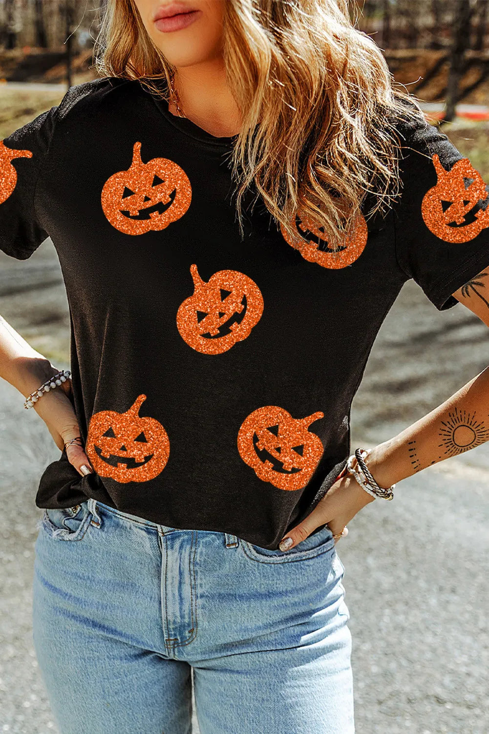 Glitter Jack-O'-Lantern Round Neck Short Sleeve T-Shirt