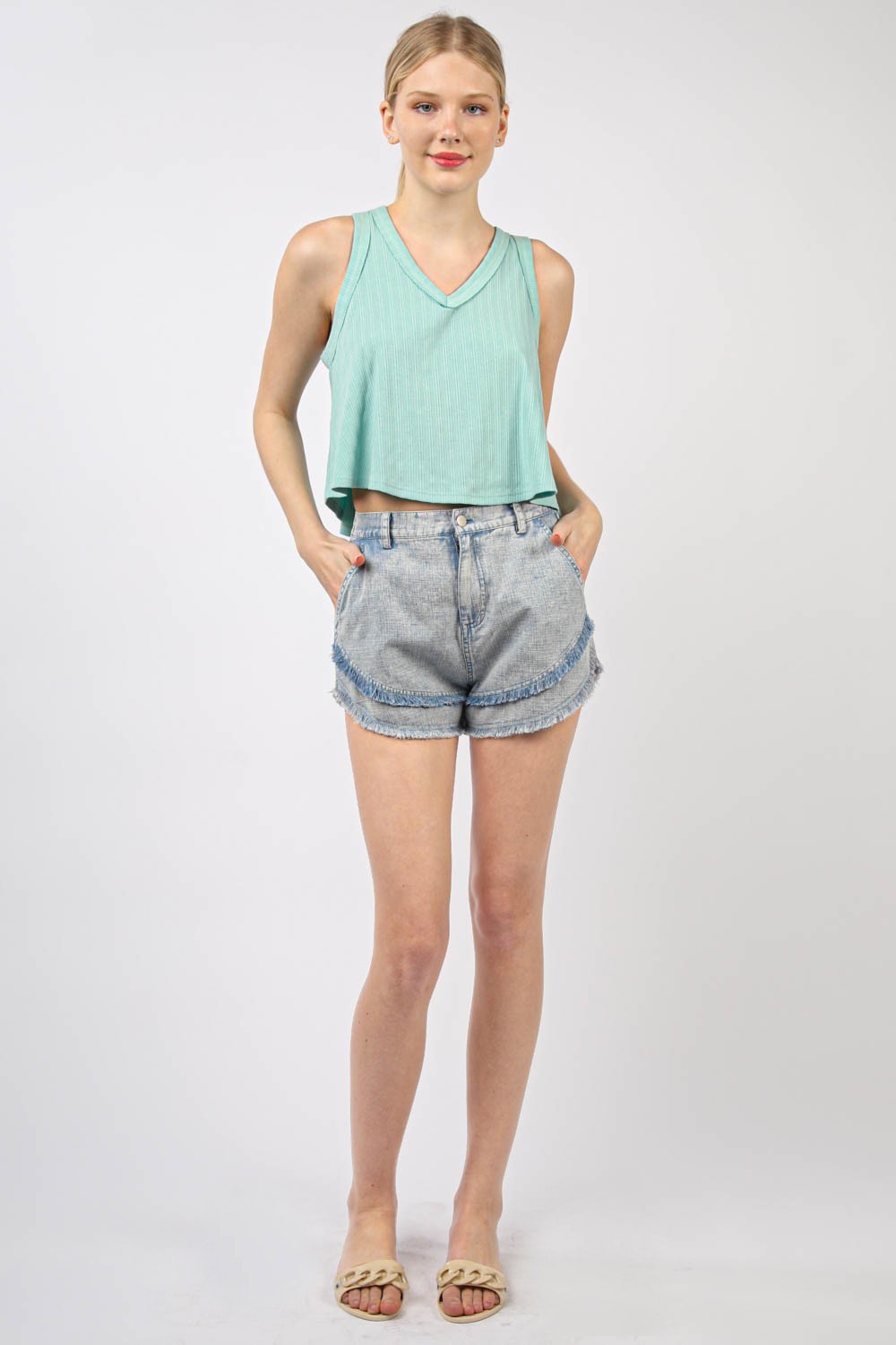 V-Neck Knit Swing Cropped Tank