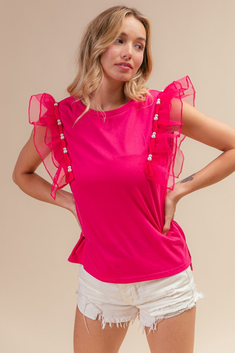 Pearl Decor Mesh Ruffle Sleeve Top