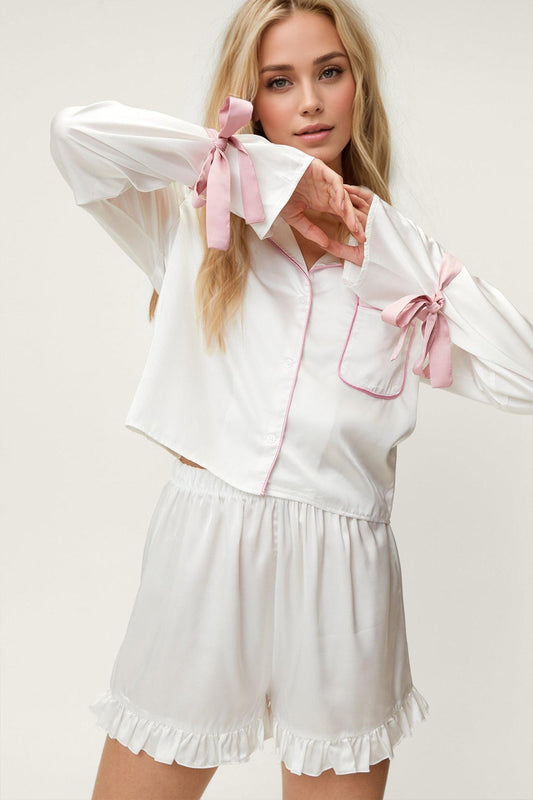 Tied Cuff Collared Neck Top and Frill Shorts Lounge Set