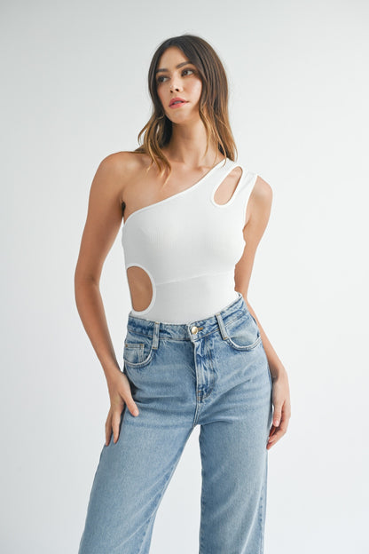 One Shoulder Ribbed Cutout Detail Bodysuit