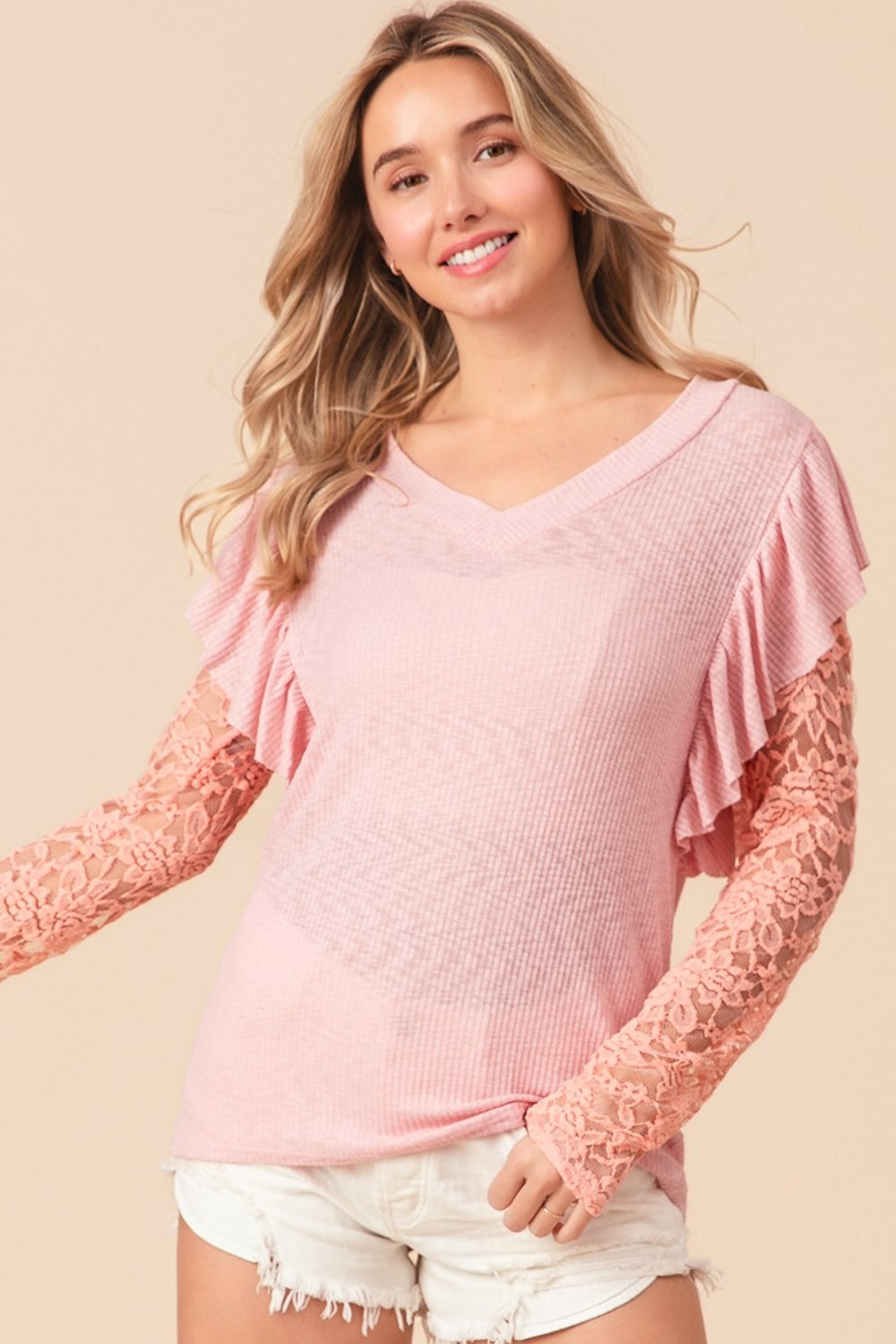 Ruffled Lace Sleeve Rib Knit Top