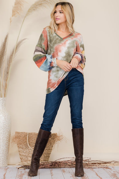 Tie-Dye Contrast Striped V-Neck Long Sleeve Blouse