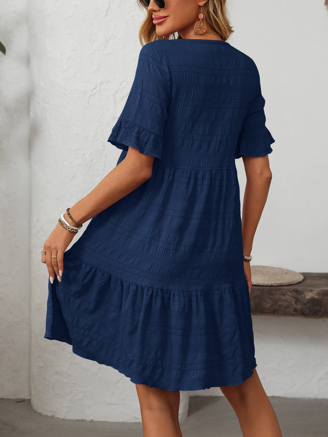 Ruffled Ruched Round Neck Half Sleeve Dress