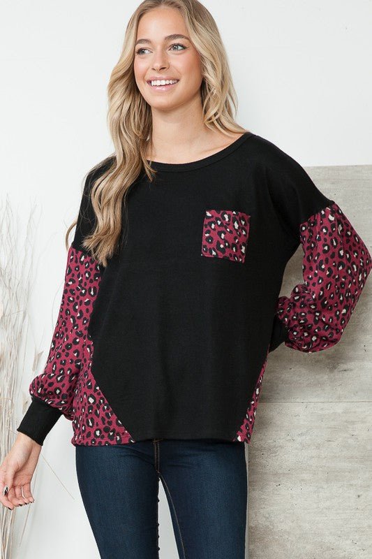 Leopard Print Contrasted Balloon Sleeve Sweater