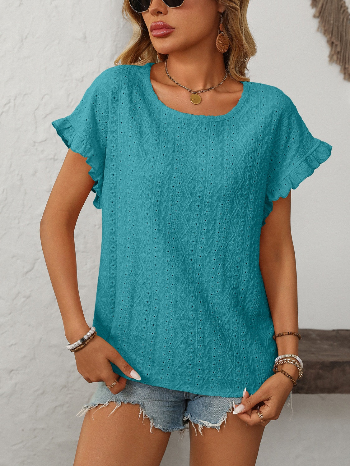 Eyelet Round Neck Short Sleeve Top
