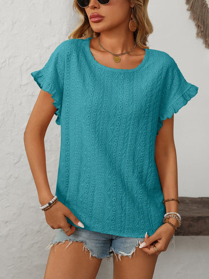 Eyelet Round Neck Short Sleeve Top