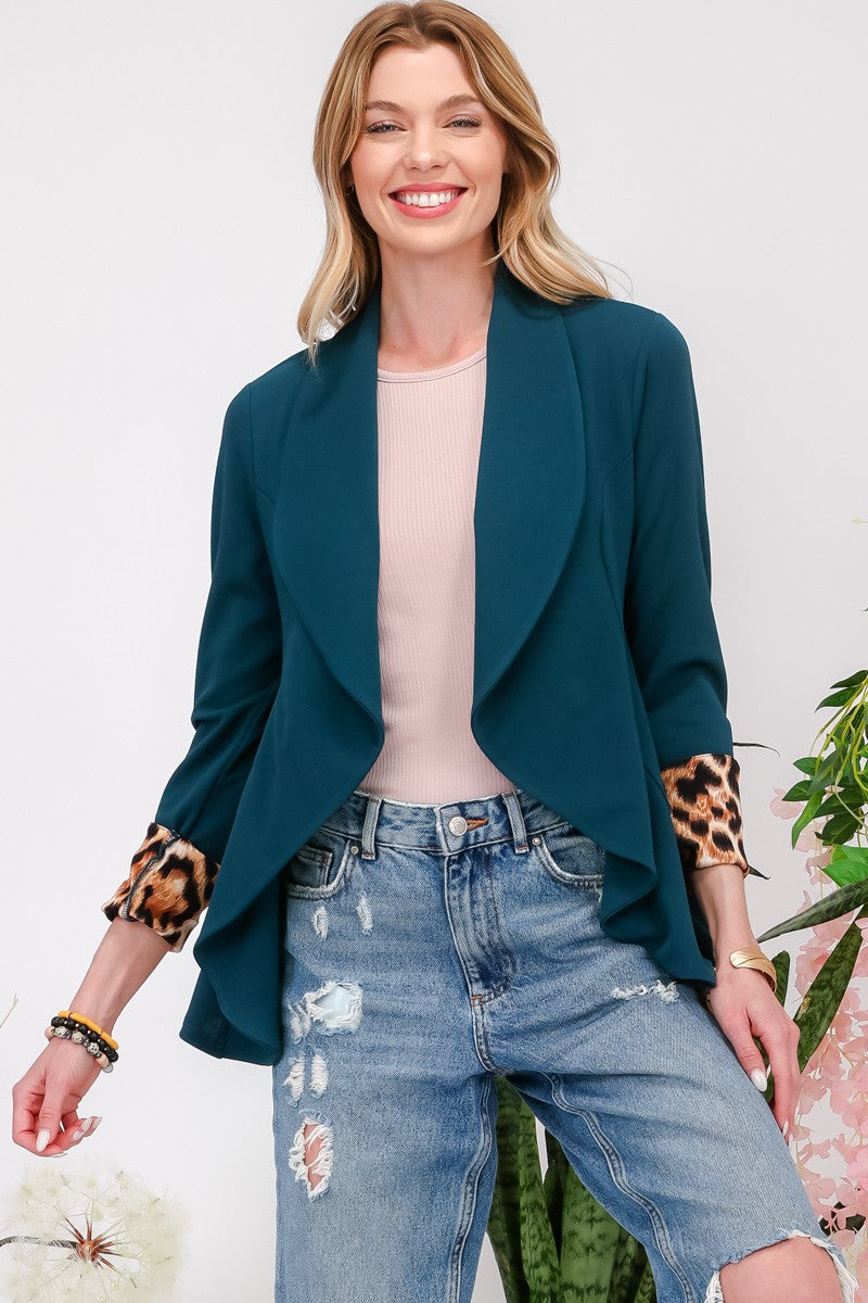 Rolled Leopard Cuff Open Front Blazer