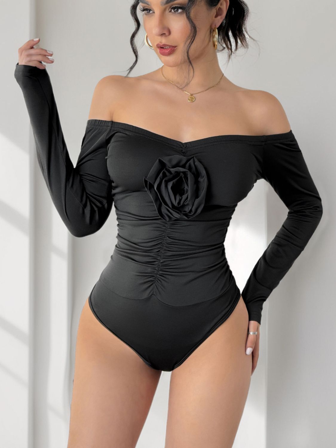 Ruched Flower Off-Shoulder Long Sleeve Bodysuit