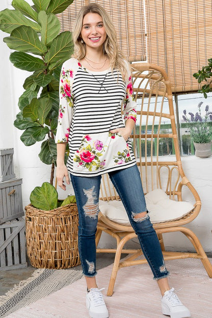 FLORAL STRIPE MIXED SWEATSHIRTS TOP