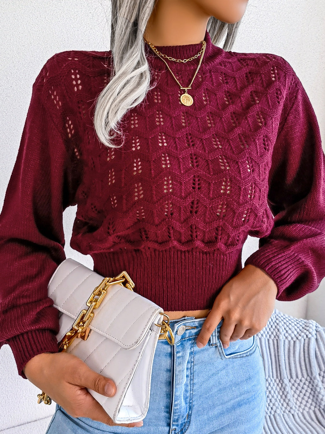 Openwork Mock Neck Long Sleeve Cropped Sweater