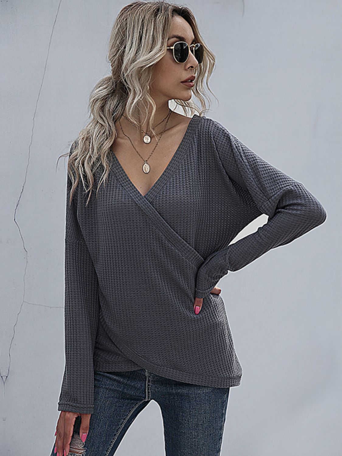 Waffle-Knit Surplice Long Sleeve Top