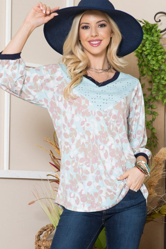 Leaf Print Contrast Trim Balloon Sleeve Top