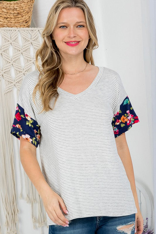 PLUS STRIPE FLORAL MIXED BOXY TOP