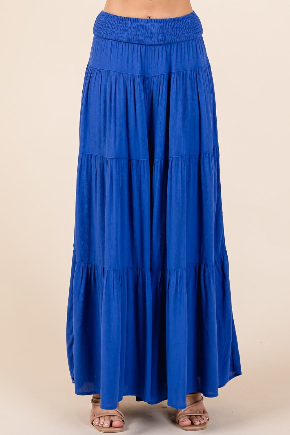 Tier Detail Smocked Elastic Waist Wide Leg Pants