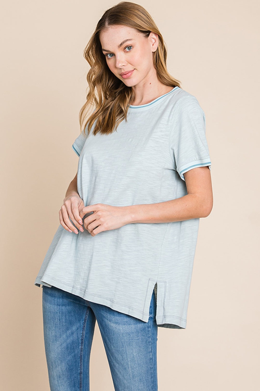 Contrast Trim Short Sleeve Slit T-Shirt