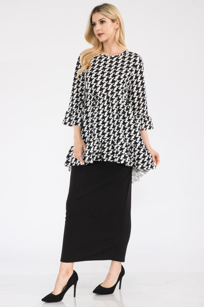 Houndstooth Flounce Sleeve High-Low Top