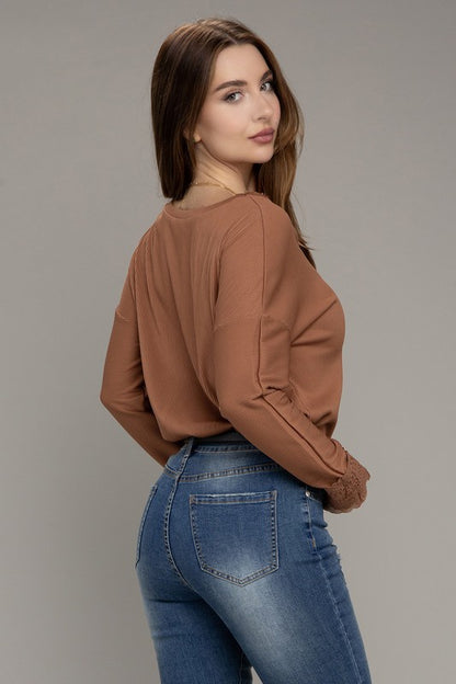 Lace Trim V Neck Long Sleeve