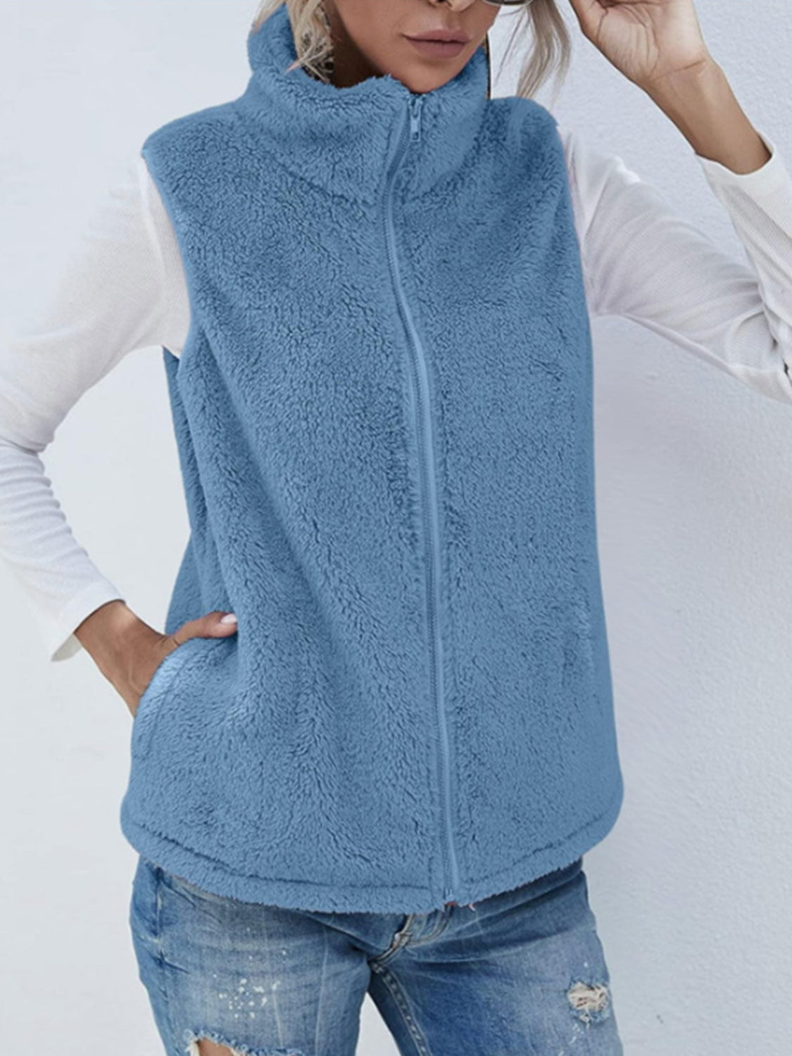 Fuzzy Zip Up Vest Coat with Pockets