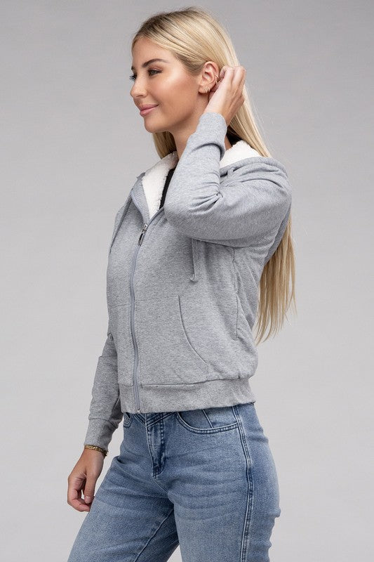 Fuzzy Trim Zip-Up Crop Hoodie