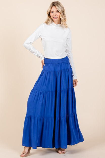 Tier Detail Smocked Elastic Waist Wide Leg Pants