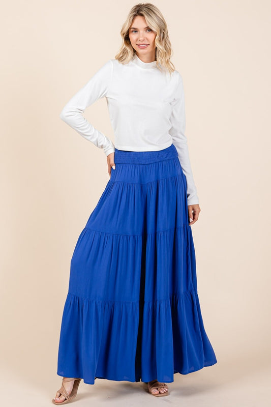 Tier Detail Smocked Elastic Waist Wide Leg Pants