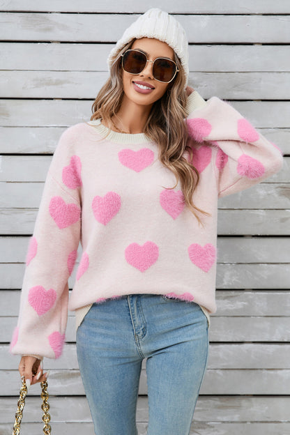 Heart Dropped Shoulder Long Sleeve Sweater