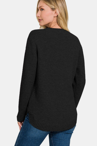 Round Neck Long Sleeve Curved Hem Sweater