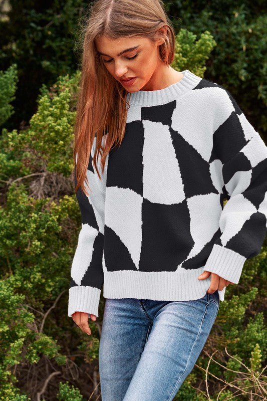 Multi Geo Checker Pullover Knit Sweater Top