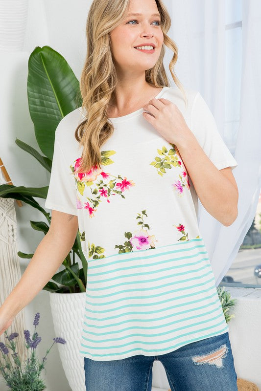 FLORAL STRIPE MIXED TOP