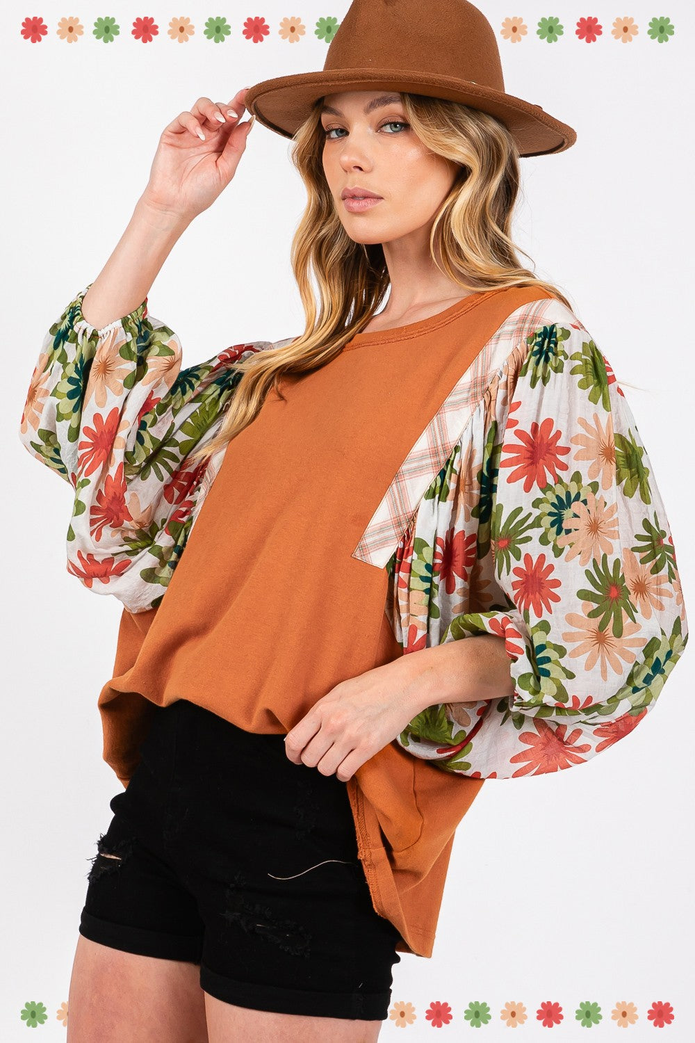 Printed Balloon Sleeve Contrast Top