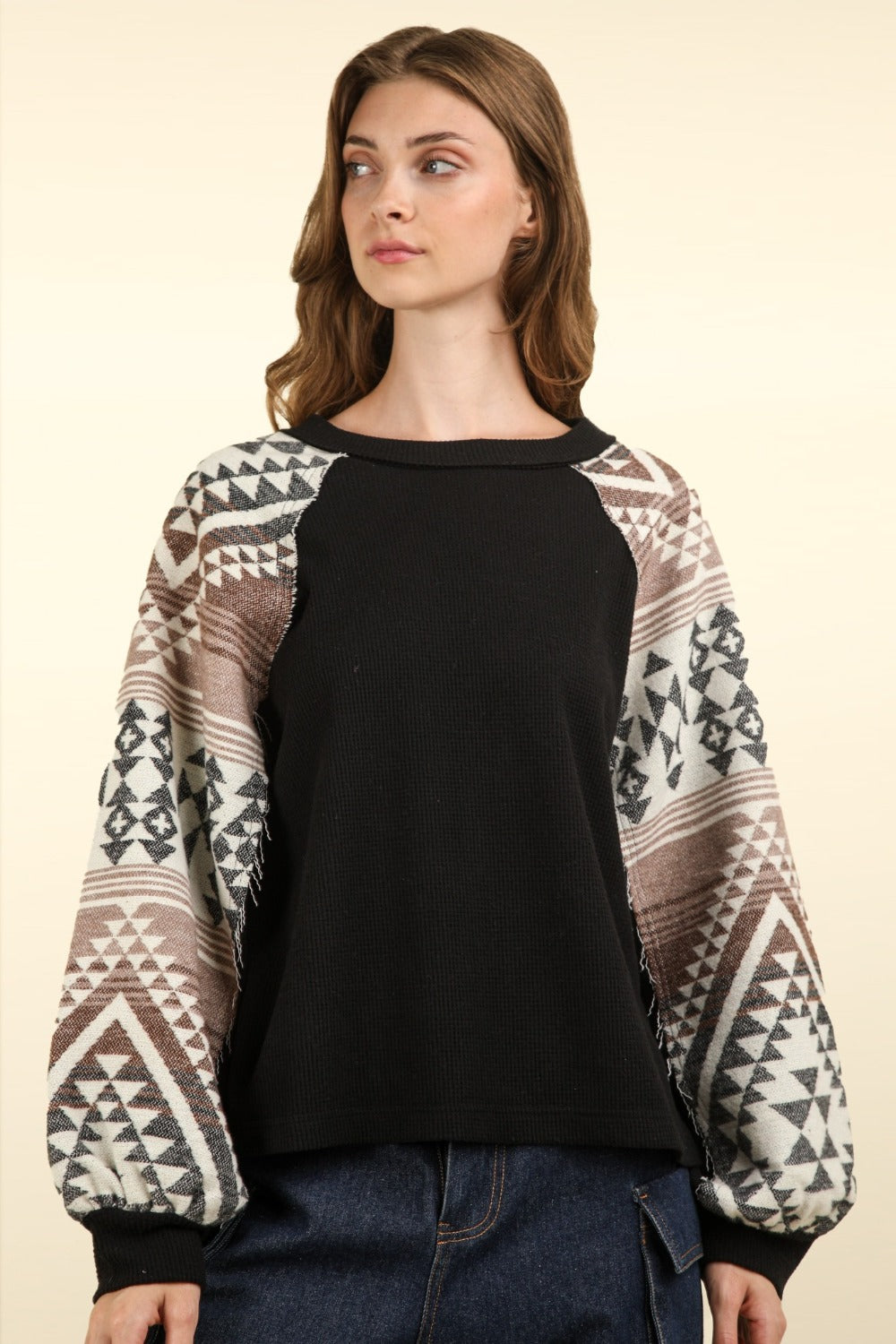 Printed Long Sleeve Round Neck Knit Top