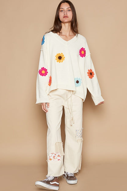 POL V-Neck Flower Patches Long Sleeve Sweater