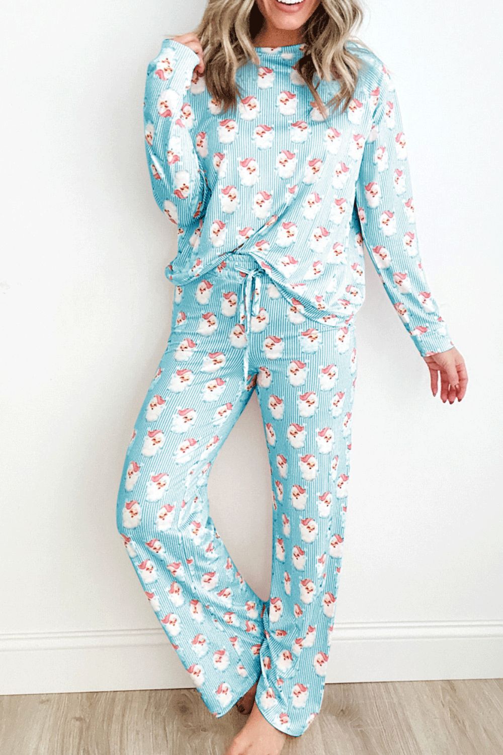 Santa Print Long Sleeve Top and Pants Lounge Set