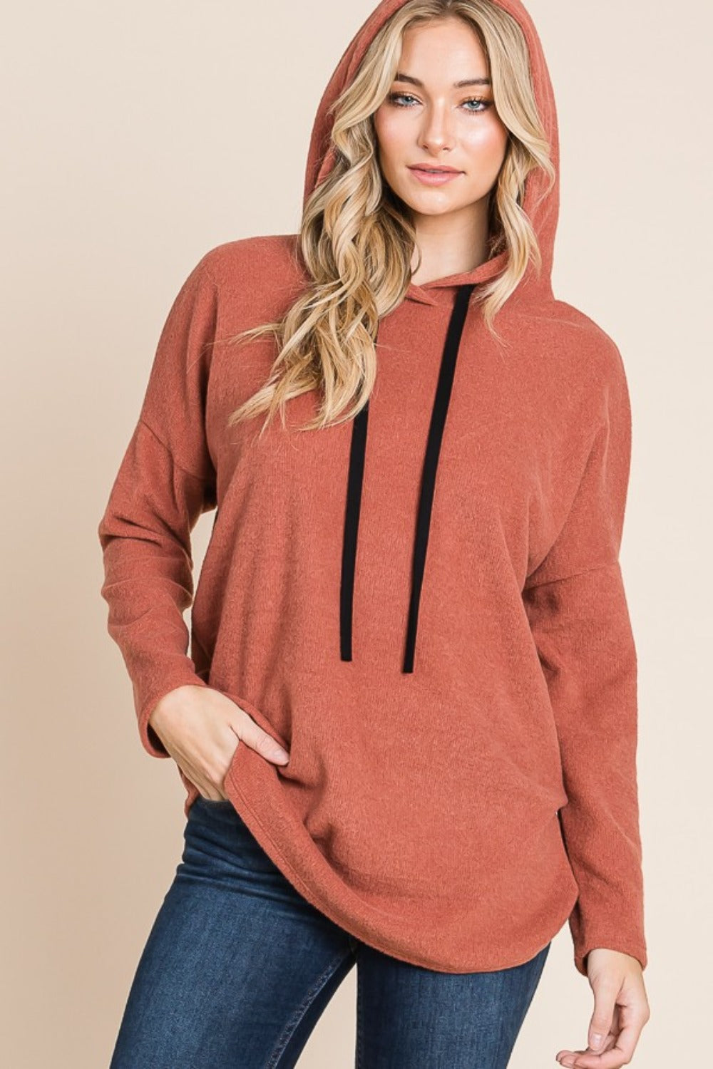 Contrast Drawstring Drop Shoulder Knit Hoodie