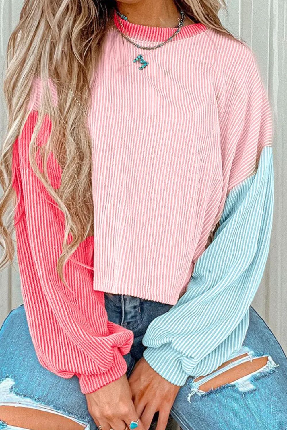 Color Block Round Neck Long Sleeve Top