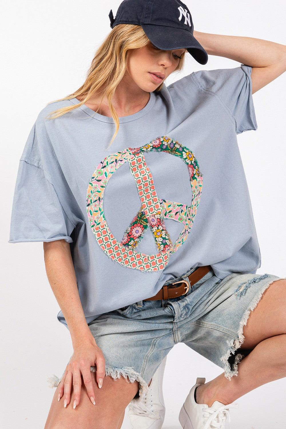 Peace Sign Round Neck Half Sleeve T-Shirt