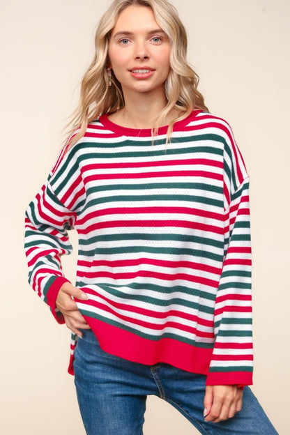 Striped Contrast Side Slit Knit Top