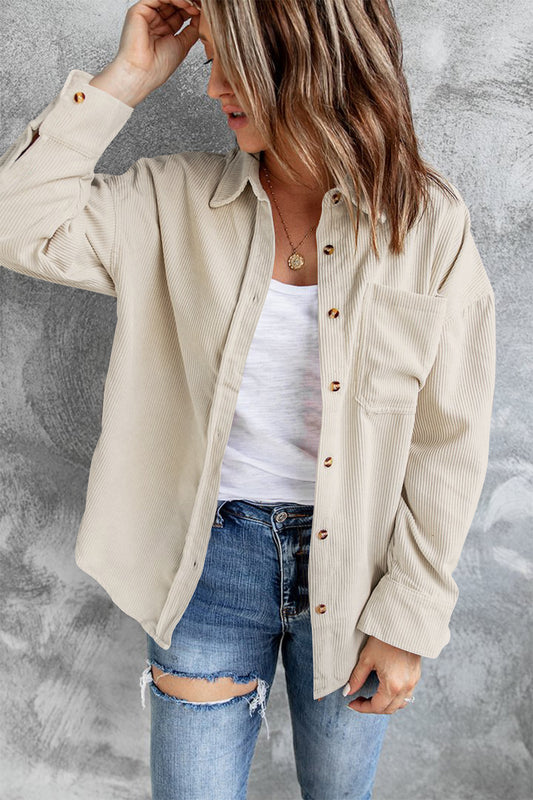 Collared Neck Button Up Dropped Shoulder Shacket