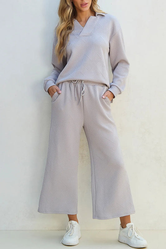 Textured Long Sleeve Top and Drawstring Pants Set