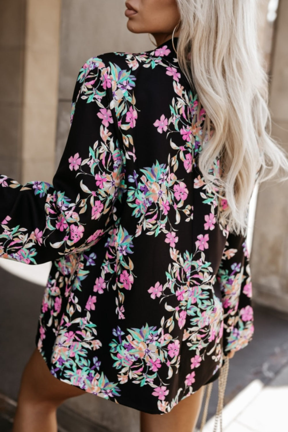 Tied Printed Collared Neck Long Sleeve Jacket